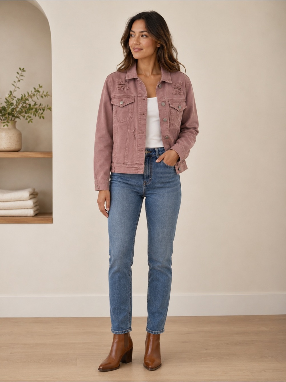 Destructed Denim Stretch Jacket Dusty Rose Distressed Jacket Size M